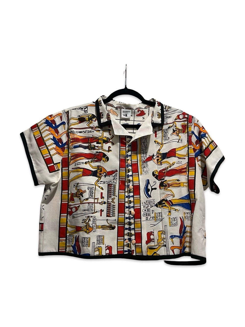 Egyptian Motif Short Sleeve Button-Up Crop Shirt - White/Multicolor